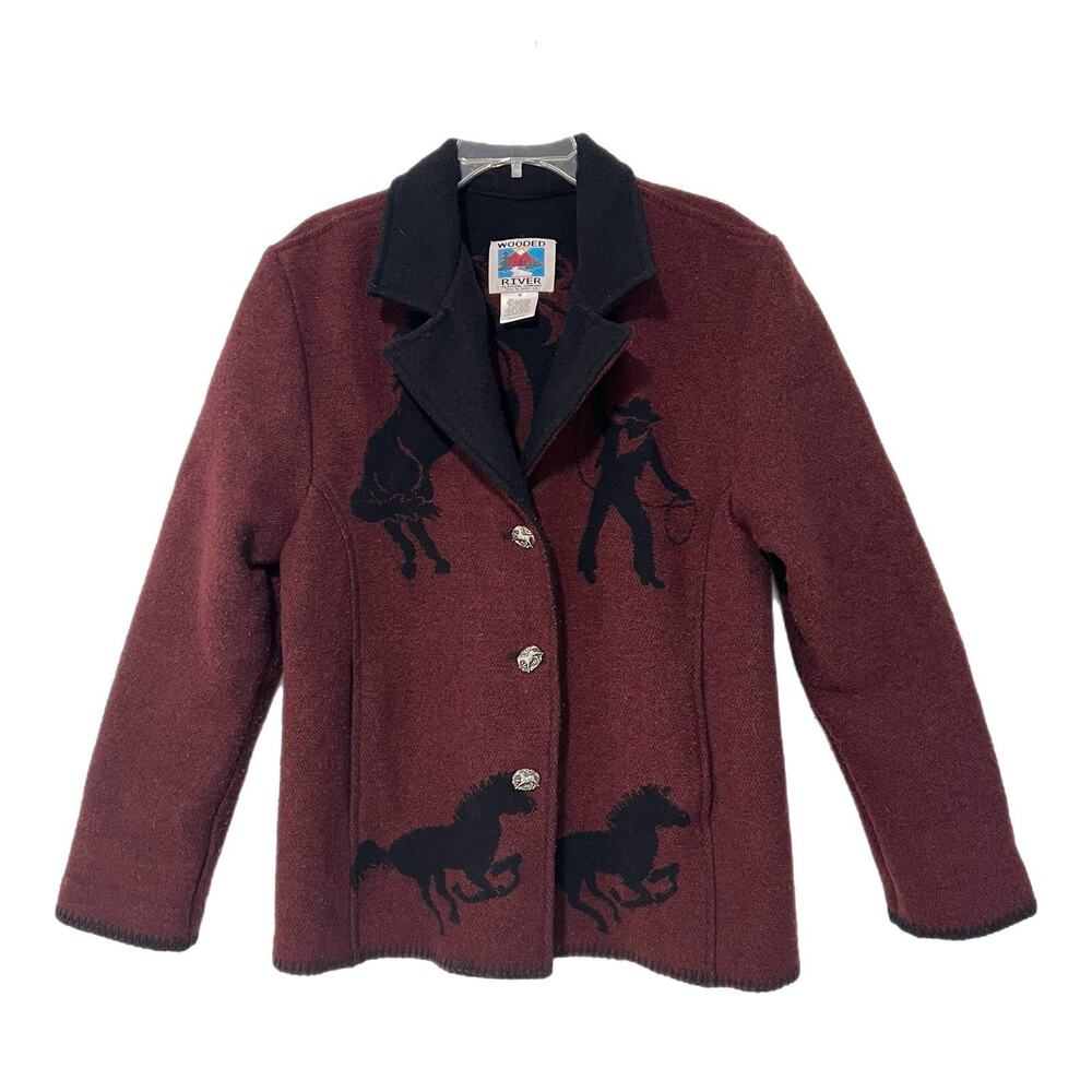 Vtg Wooded River Jacket Women M Maroon Wool Blend Western Cowboy USA Horse Buttn